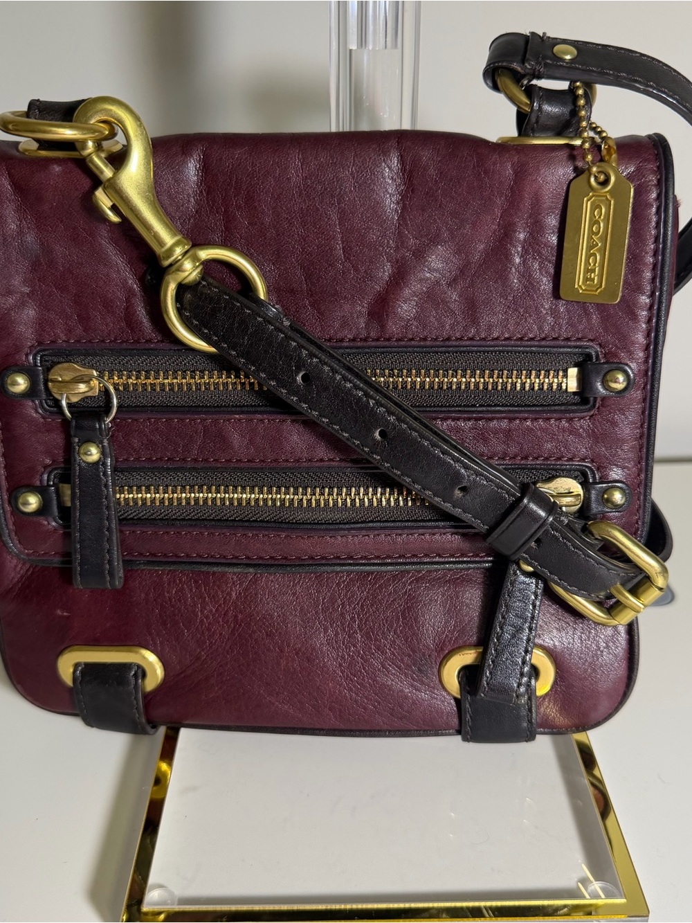 Rare Coach Leather Crossbody Bag in Burgundy and Black